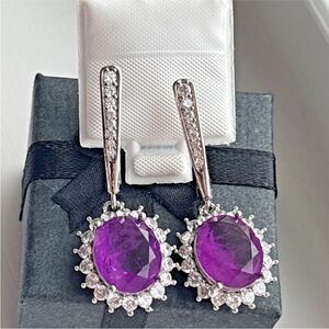 White Gold Plated Purple Ruby Halo Drop Earrings | Statement Bridal Prom Jewelry